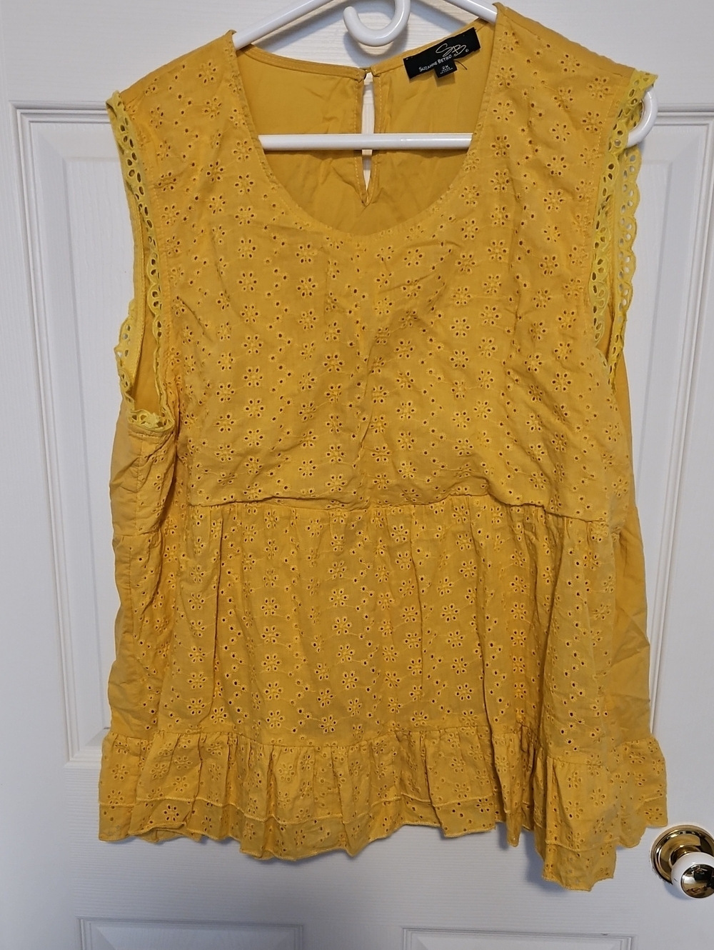 Suzanne Betro Mustard Eyelet Ruffle Hem Sleeveless Tank